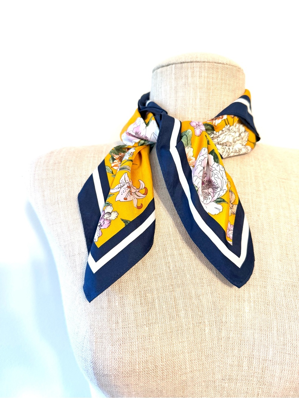 Vintage Style Floral Square Satin Hair Neck Scarf Yellow & Navy Blue Bandana 21"